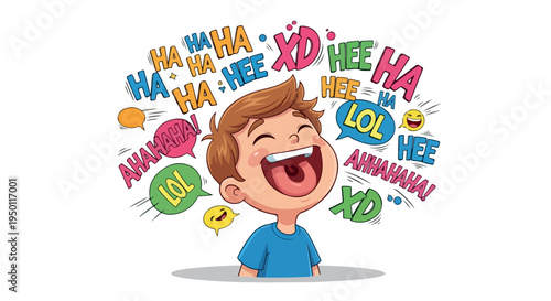 Cartoon illustration of a laughing young boy with colorful speech bubbles and emoticons around his head on a clean white background.