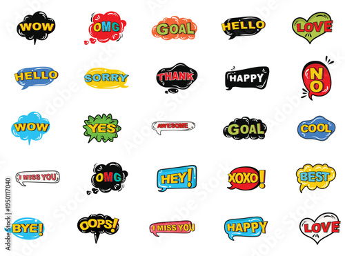 Comic speech bubbles collection with pop art text expressions set