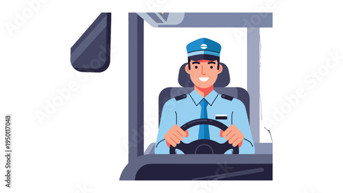 Smiling Bus Operator: A cheerful bus operator, dressed in uniform, confidently steers a large vehicle, representing dependable and safe public transport. 