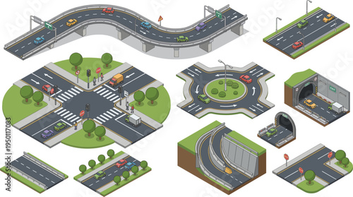 Set of isometric road infrastructure vector illustrations featuring highway bridges, roundabouts, city intersections, and tunnels with cars