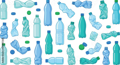 Set of plastic water bottle vector illustrations featuring crumpled and crushed recycling waste and new mineral water bottles