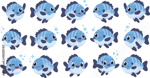 Happy Cartoon Fish Characters with Bubbles and Sparkles in Playful and Cute Underwater Illustration