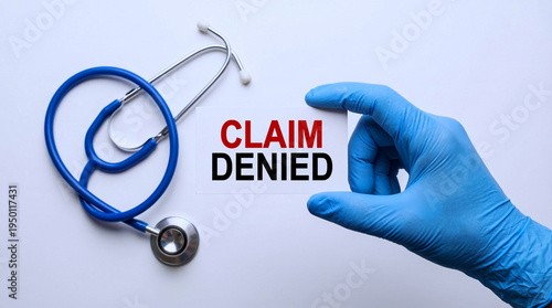 A gloved hand holds a card with the words claim denied next to a stethoscope on a white surface
