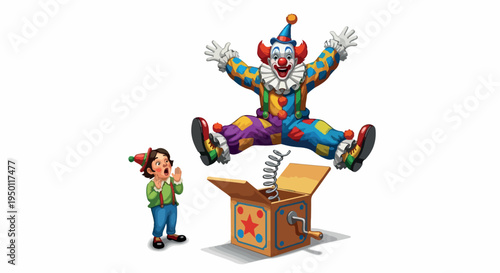 A colorful cartoon clown jumps out of an open box surprising a young boy standing beside it on a plain white background with a mix of vibrant and playful tones.