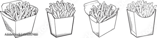 simple black and white outline drawing of crispy french fries in a box, ideal for fast food concepts