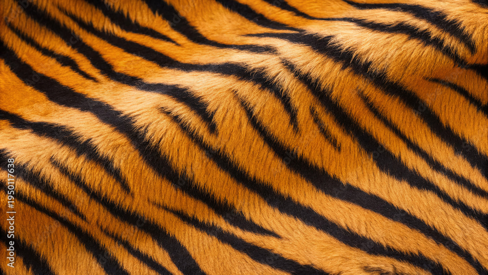 Fototapeta premium Stripes and colors of a tiger skin showcase fine details of the wild animal's fur texture and pattern on a natural background