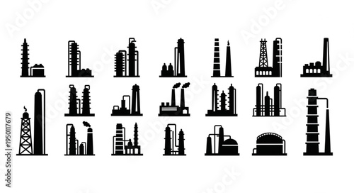 Collection of Industrial Plant Silhouettes - Diverse Factory and Refinery Designs.
