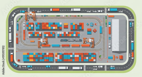 Aerial View of a Busy Container Terminal with Cranes and Trucks.
