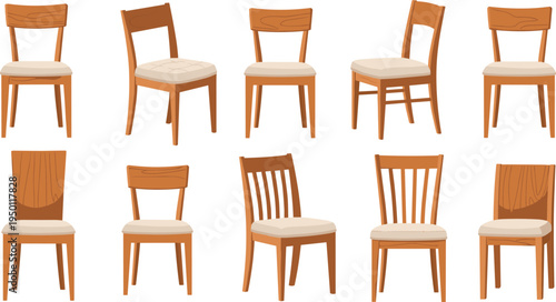 Wooden Dining Chairs Set with Various Designs and Cushioned Seats in Modern Illustration Style
