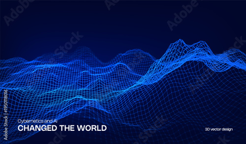 Abstract cyber ai background digital design with wireframe landscape grid line. 3D mountain and futuristic technology topographic big data concept. 