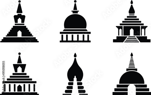 Buddhist pagoda and temple silhouette set, Asian religious monument vector illustration, stupa icons, oriental landmark architecture symbols, spiritual sanctuary, cultural heritage graphics
