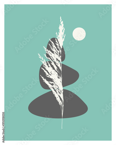 Zen Minimalist Illustration with Balanced Stone Cairn and White Calamagrostis Acutiflora Feather Reed Grass Stamp, Abstract Botanical Wall Art on Teal Background