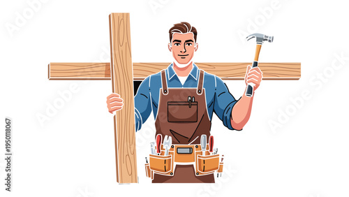 The Craft: A skilled carpenter with a determined look on his face, clad in an apron and holding a hammer and timber, exemplifies the essence of craftsmanship. A cross beams made of timber.