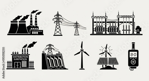 Diverse Energy Sources - Power Plants, Wind Turbines, and Substations.