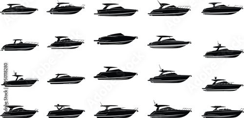 Luxury yacht silhouette set, motor boat collection vector illustration, nautical vessel icons for marine design, speed boat outlines, maritime transport, ocean travel