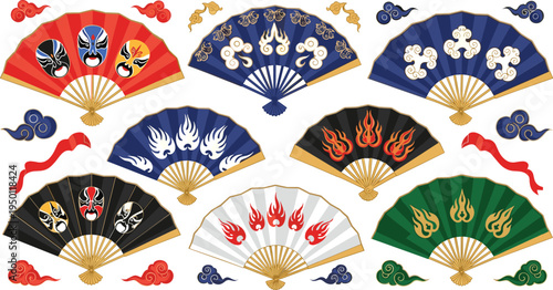 Traditional Japanese folding fans with kabuki masks, flames, clouds and ornamental patterns collection decorative Asian culture flat vector set