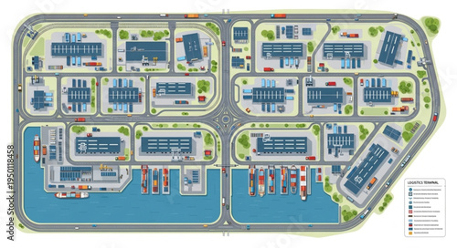 Detailed Urban Planning Layout with Marina and Commercial Buildings.