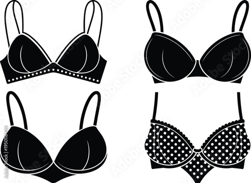 Set of black bra icons and female lingerie silhouettes including push up padded and polka dot styles for fashion design and clothing retail
