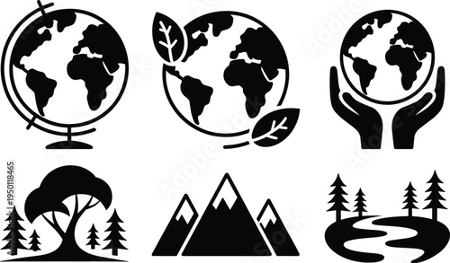 Black and white environment icons set, nature conservation silhouettes, earth globe with leaves, mountains and forest landscape, eco friendly vector flat illustration, sustainability