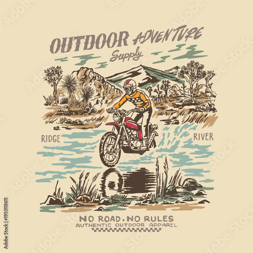 Outdoor adventure vintage custom trail bike custom motorcycle illustration desert landscape nature national park. Retro outdoor apparel design