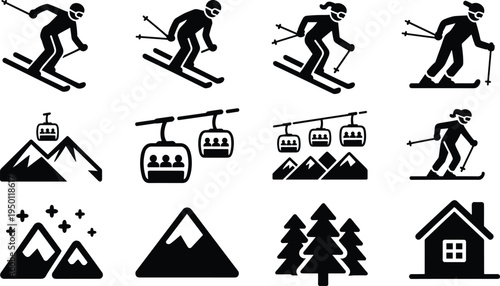 Skiing and winter resort silhouette icons set, mountain ski lift vector illustration, downhill skier symbols, alpine forest landscape, cable car, snowy cabin