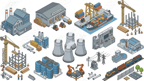 Isometric industrial logistics set with factory buildings, shipping port, construction site, and power plant infrastructure,
