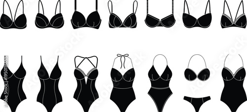 Women lingerie and swimwear silhouette set, female underwear icons vector illustration, bikini and bodysuit collection, fashion intimate apparel, bra and swimsuit symbols