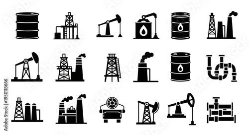 Oil Industry Icons - Black and White Vector Set.