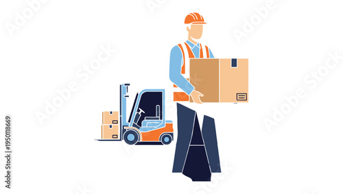 Warehouse Logistics: A warehouse worker skillfully handles a package alongside a forklift, highlighting the process of moving goods within a warehouse environment. 