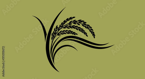 Stylized black silhouette of rice or wheat stalks on a muted green background, depicting agriculture and harvest themes.