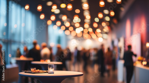A blurred scene of a business event with people gathered around -top tables under a ceiling filled with warm bokeh lights.