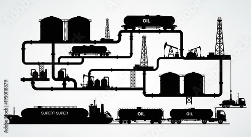 Silhouette of Oil Refinery and Transportation Infrastructure.
