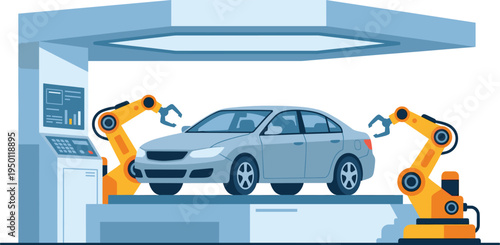 Automated car assembly line with robotic arms, smart factory vehicle manufacturing process vector illustration