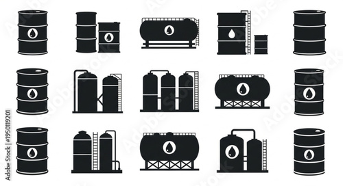 Oil and Gas Industry - Silhouette Icons of Storage Tanks and Barrels.