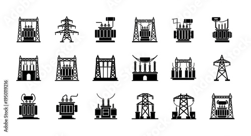 Collection of Black and White Power Substation Icons.