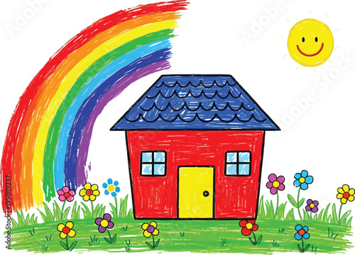 Childlike drawing of colorful red house with rainbow and smiling sun on green meadow