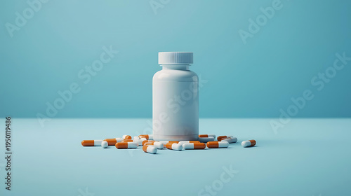 Wallpaper Mural White medicine bottle with scattered orange and white capsules on blue surface Torontodigital.ca