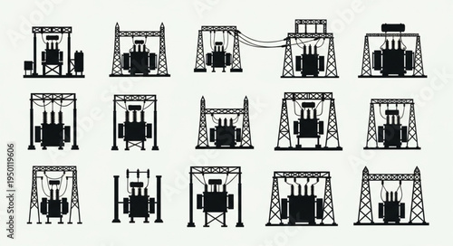 Silhouetted Electrical Substation Equipment - A Collection of Power Transformers.