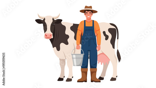 Farmer and Cow: A farmer standing proudly beside his cow, embodying the essence of rural life, and farming. Showing care, the farmer stands with a bucket in hand.