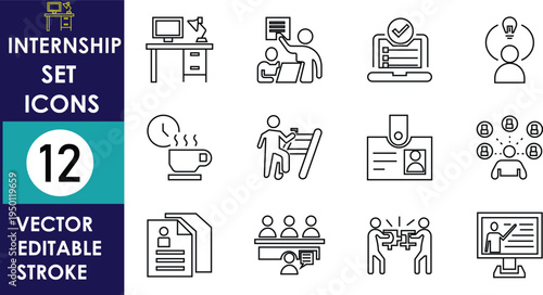 Internship themed vector icon set showing mentoring, learning, office tasks, teamwork, reports, presentation, coffee break, evaluation, and professional development in clean outline style illustration