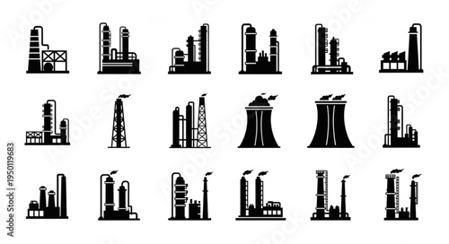 Silhouetted Industrial Plant Icons - A Collection of Factory and Refinery Designs.