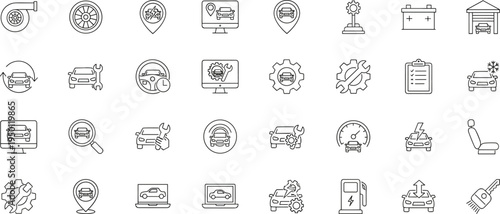 Car service and automotive repair line icon set with mechanic tools, vehicle maintenance, garage, diagnostics flat vector illustration
