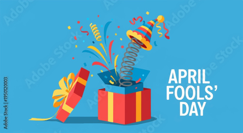 Colorful april fools' day gift box with confetti and party hat on blue background celebrating pranks and jokes