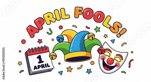 Colorful april fools' day illustration with jester hat clown mask and calendar on white background celebrating pranks and jokes on april 1st with confetti and stars