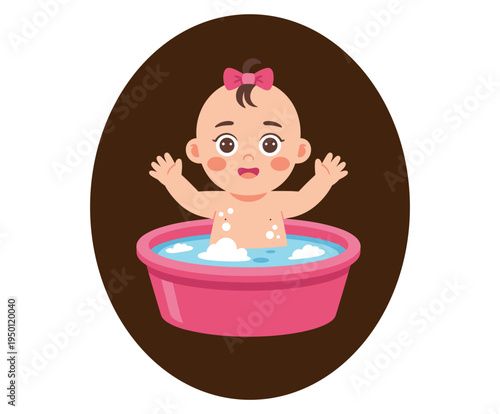 Cartoon baby with bathing in bubbly water.