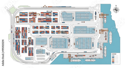 Aerial View of a Busy Port with Container Ships and Cargo.