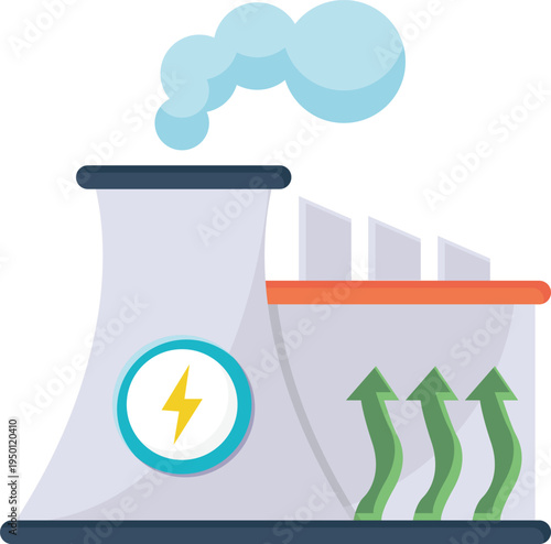  Cartoon illustration of a power plant emitting smoke from its chimneys against a clear blue sky.