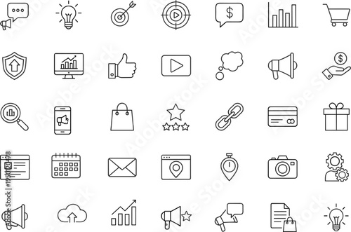 Digital marketing and ecommerce line icon set with analytics, target, shopping cart, social media symbols flat vector illustration