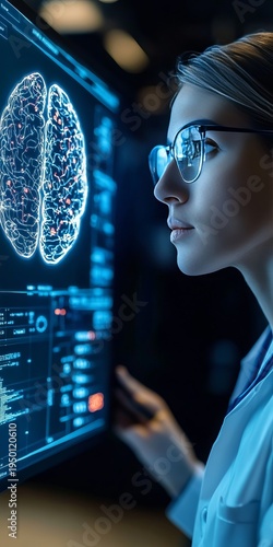 Female doctor analyzing a holographic brain while studying neural data with futuristic technology