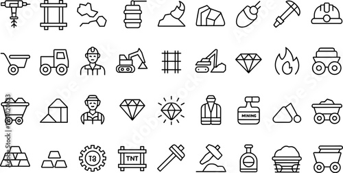 Mining industry line icon set with tools, miner, excavator, diamond, helmet, dynamite, equipment collection, flat vector illustration outline